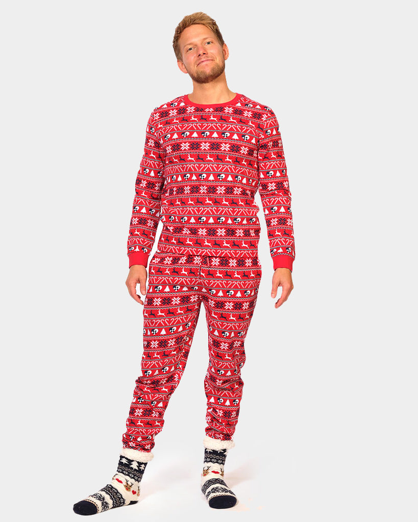 Red Christmas Pyjama for Family with Reindeer and Trees Mens