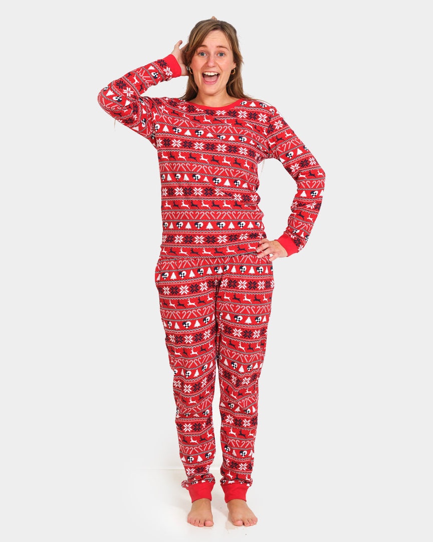 Red Christmas Pyjama for Family with Reindeer and Trees Womens