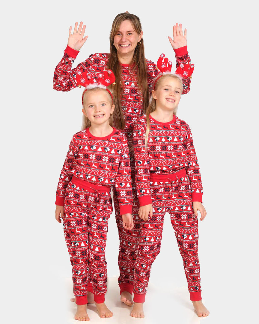 Red Christmas Pyjama for Family with Reindeer and Trees