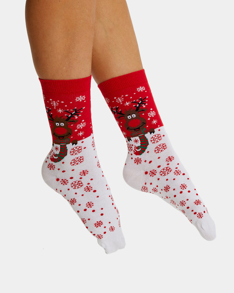 Red Christmas Socks Unisex Reindeer with Scarf Womens and Mens