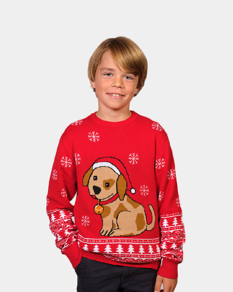 Boys Red Family Christmas Jumper with Puppy