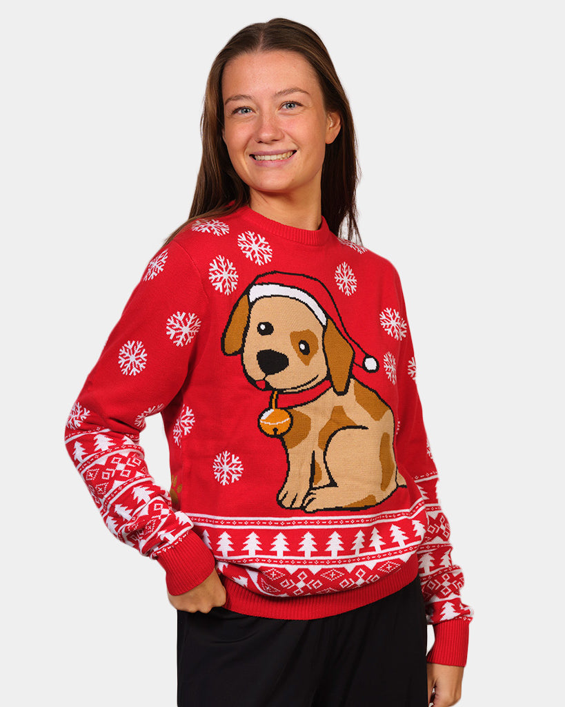 Womens Red Family Christmas Jumper with Puppy
