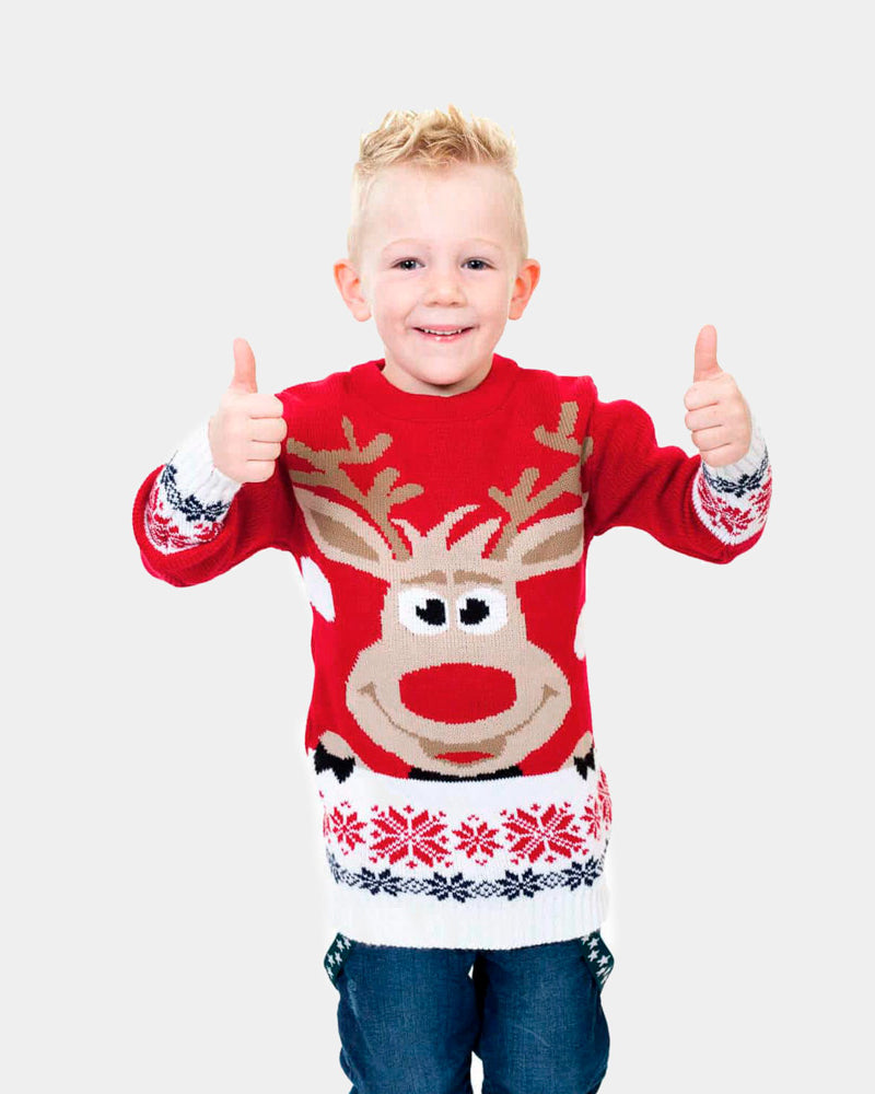 Boys Red Family Christmas Jumper with Reindeer and Snow