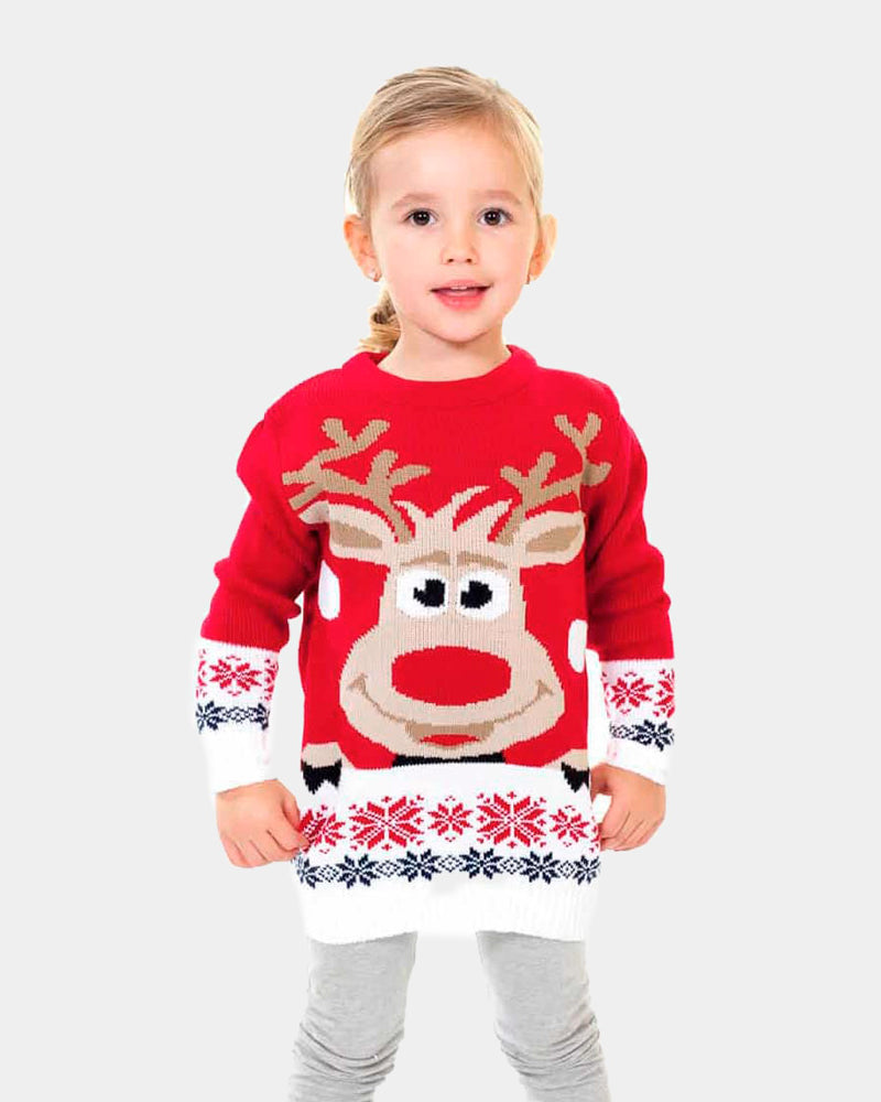 Girls Red Family Christmas Jumper with Reindeer and Snow