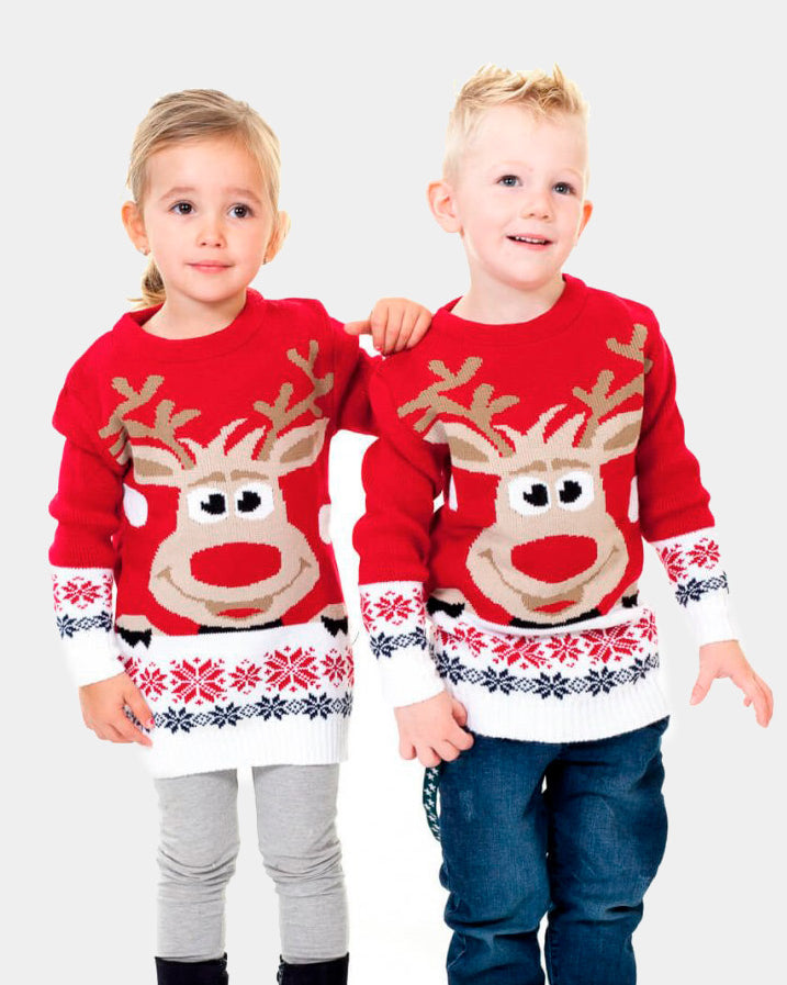 Kids Red Family Christmas Jumper with Reindeer and Snow