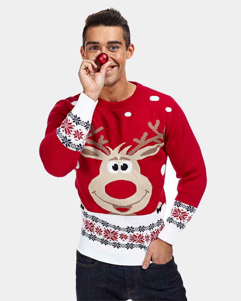 Mens Red Family Christmas Jumper with Reindeer and Snow