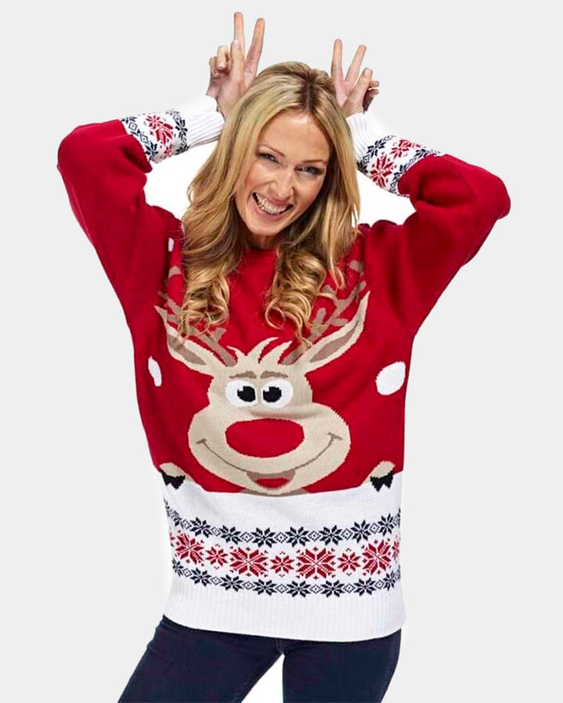 Womens Red Family Christmas Jumper with Reindeer and Snow