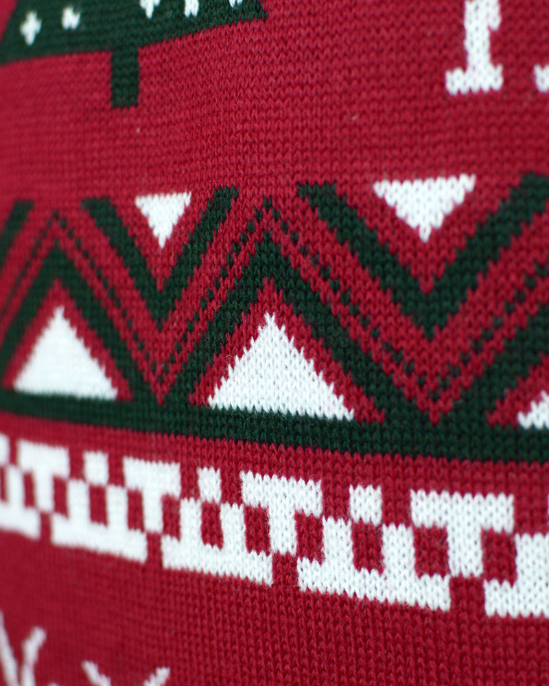 Red Family Christmas Jumper with Reindeers and Christmas Trees Detail Snow