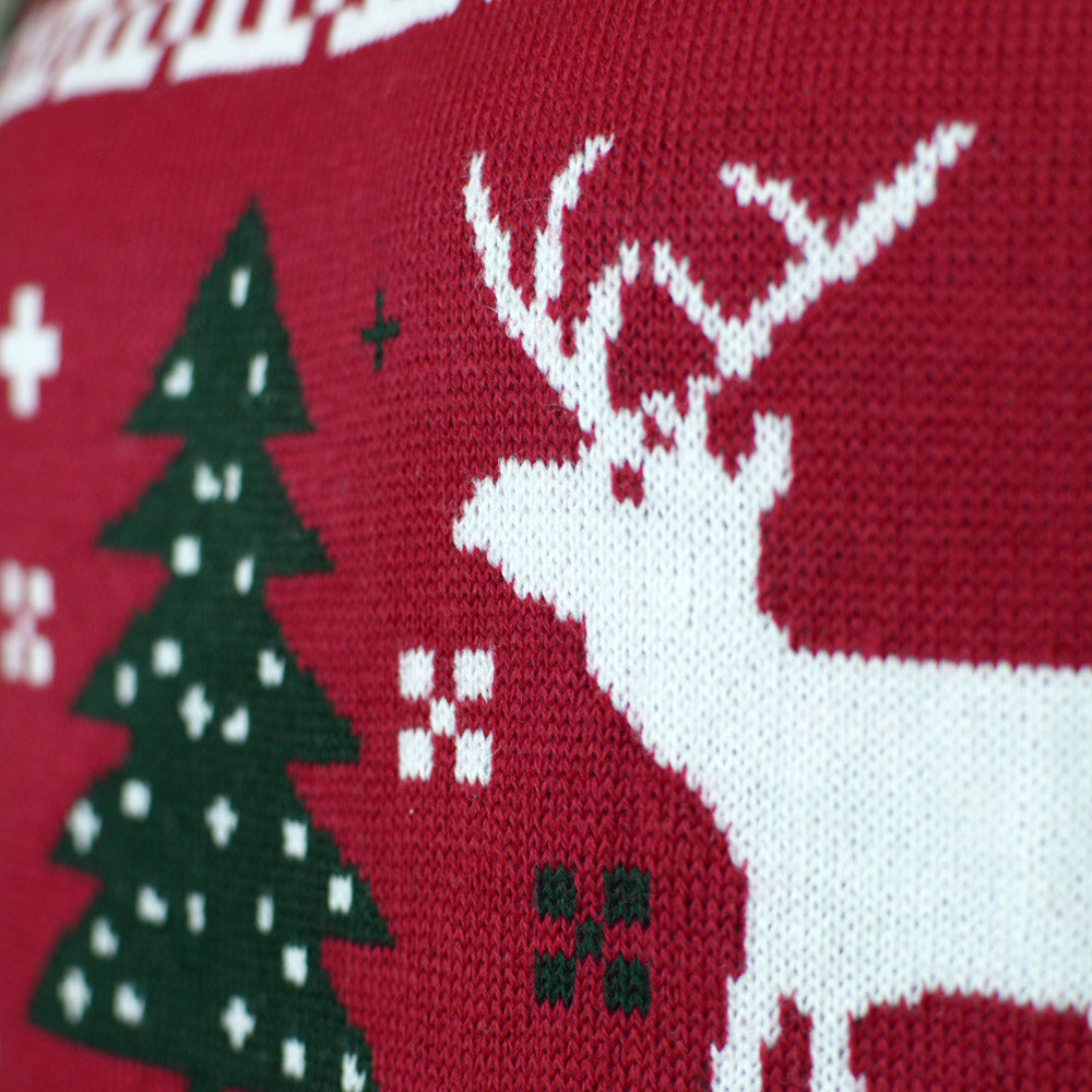 Red Family Christmas Jumper with Reindeers and Christmas Trees Detail