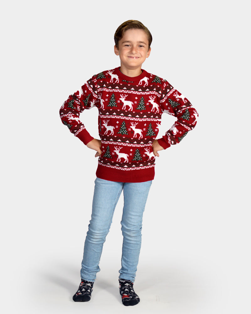 Red Family Christmas Jumper with Reindeers and Christmas Trees Kids