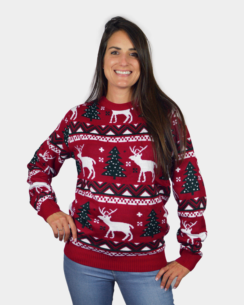 Red Family Christmas Jumper with Reindeers and Christmas Trees Womens