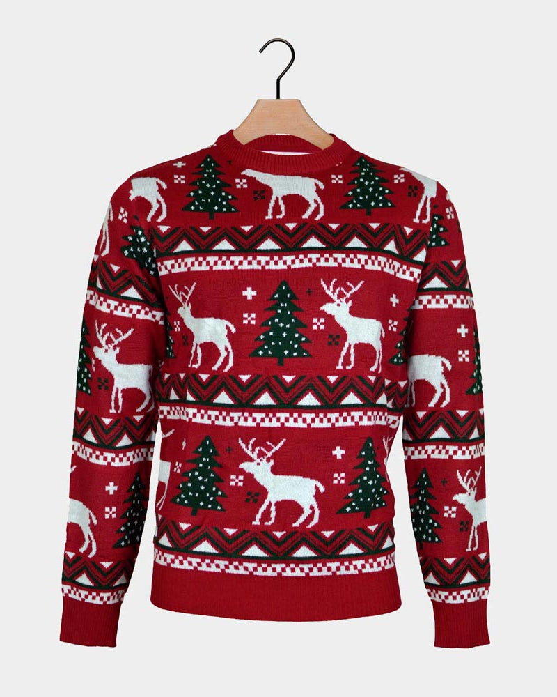Red Family Christmas Jumper with Reindeers and Christmas Trees