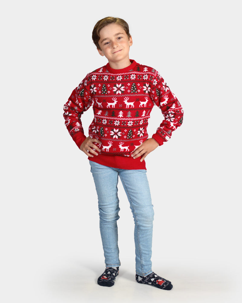 Red Family Christmas Jumper with Reindeers, Trees and Polar Star kids
