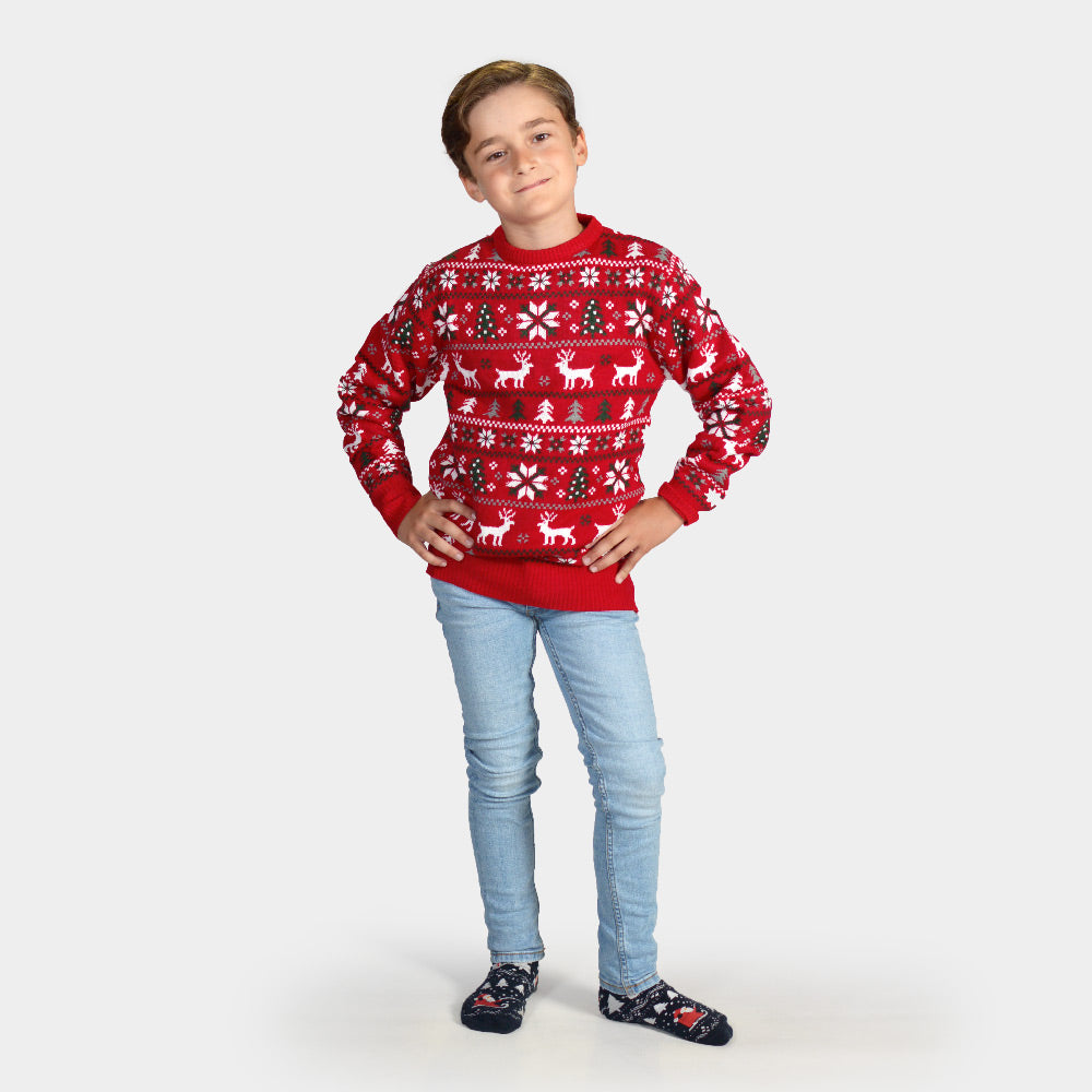 Red Family Christmas Jumper with Reindeers, Trees and Polar Star kids
