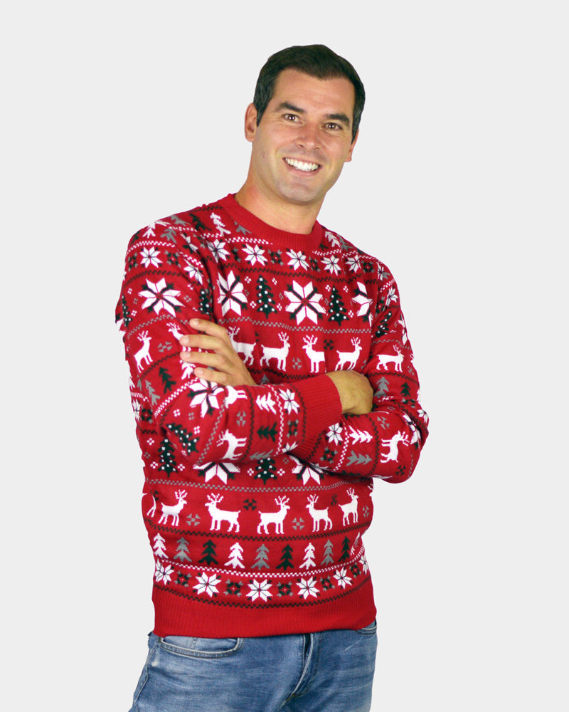Red Family Christmas Jumper with Reindeers, Trees and Polar Star Mens