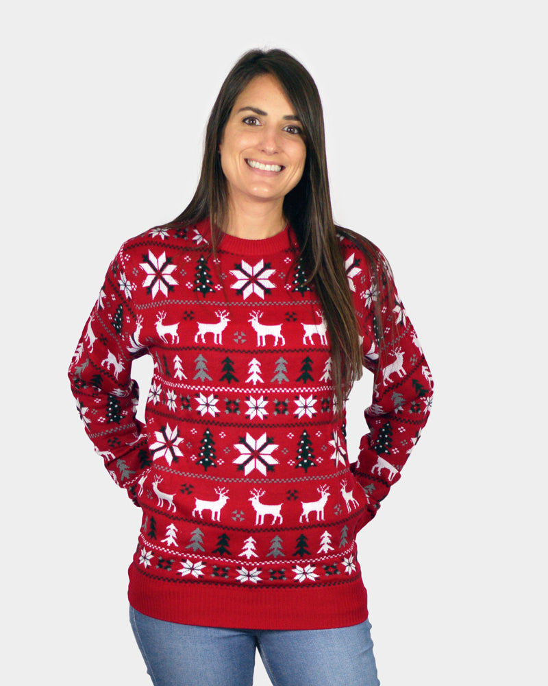 Red Family Christmas Jumper with Reindeers, Trees and Polar Star Womens
