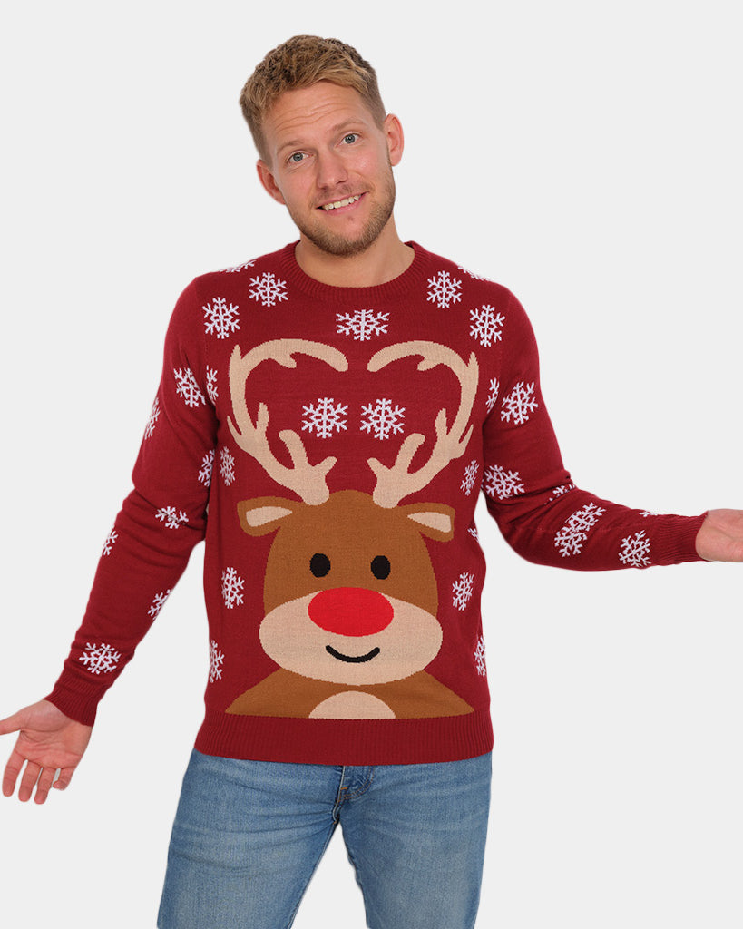 Mens Red Family's Christmas Jumper with Rudolph the Reindeer