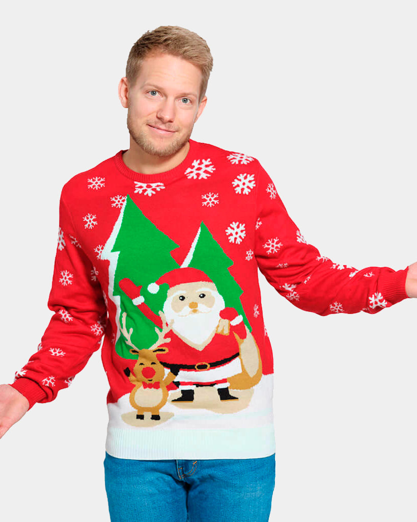 Mens Red Family Christmas Jumper with Santa and Reindeer Greeting