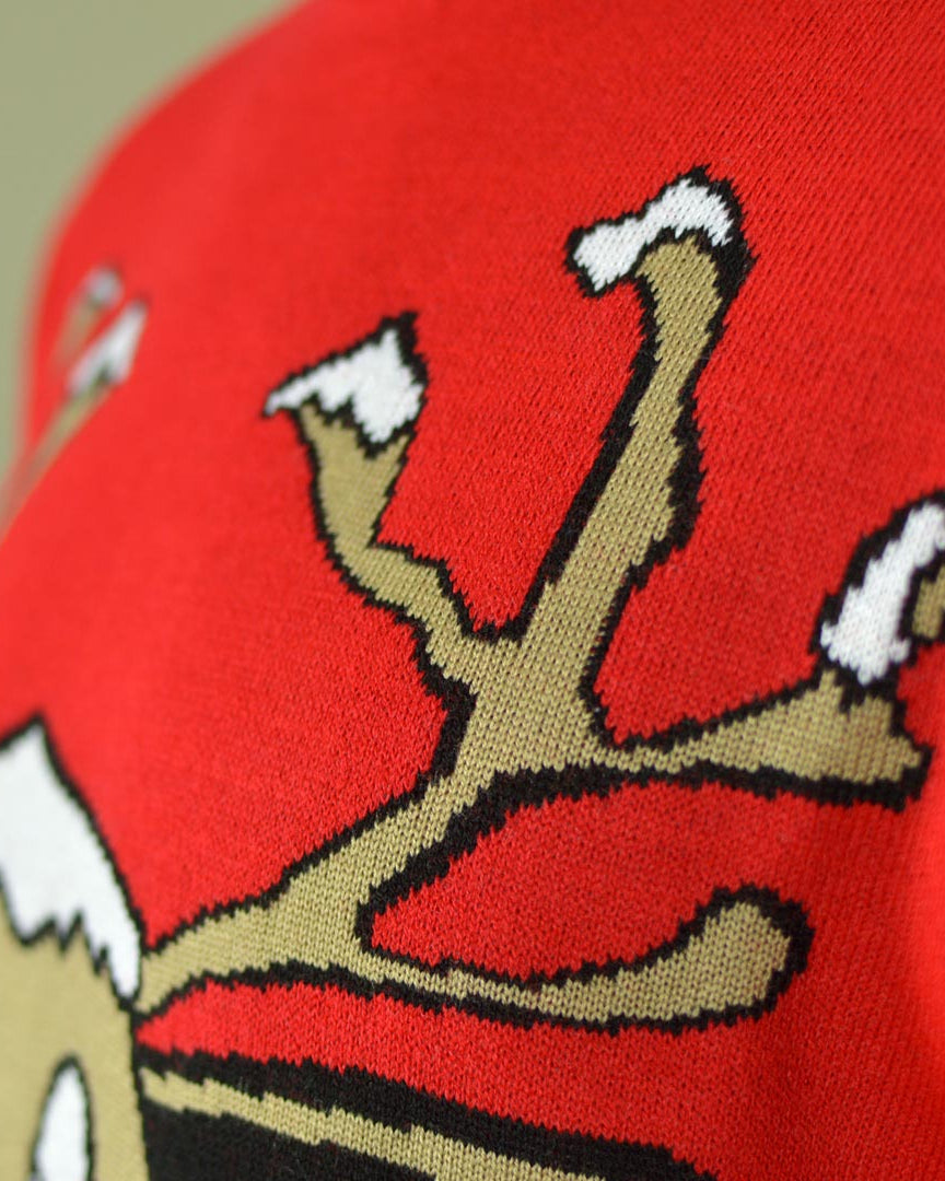 Red Family Christmas Jumper with Smiling Reindeer Detail Snow