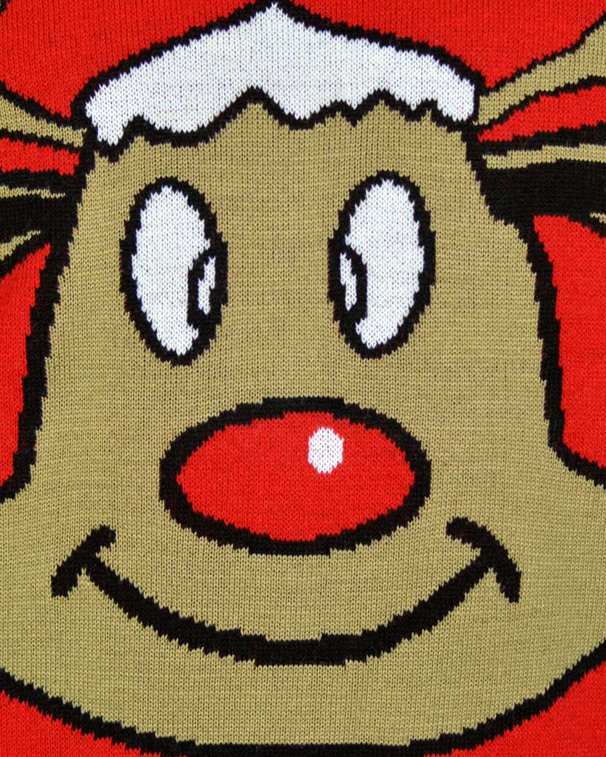 Red Family Christmas Jumper with Smiling Reindeer Detail