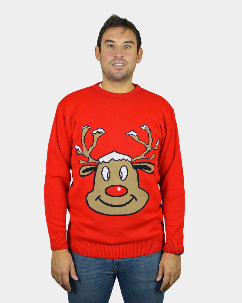 Red Family Christmas Jumper with Smiling Reindeer Mens