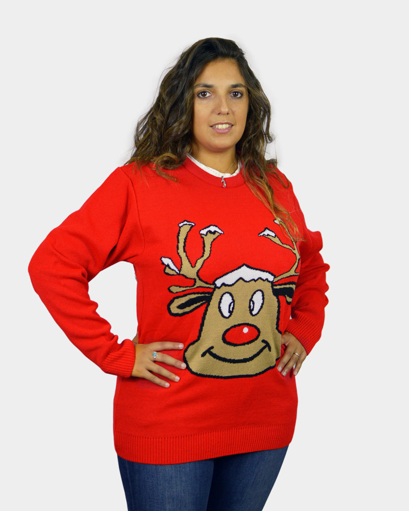 Red Family Christmas Jumper with Smiling Reindeer Womens