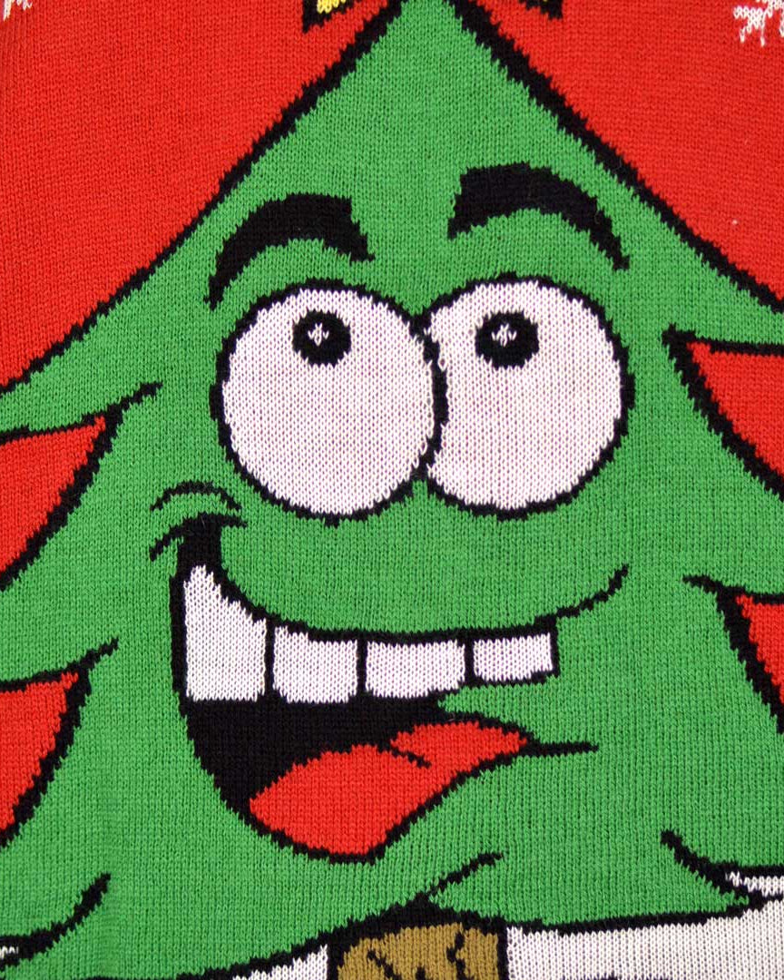 Red Family Christmas Jumper with Smiling Tree Detail