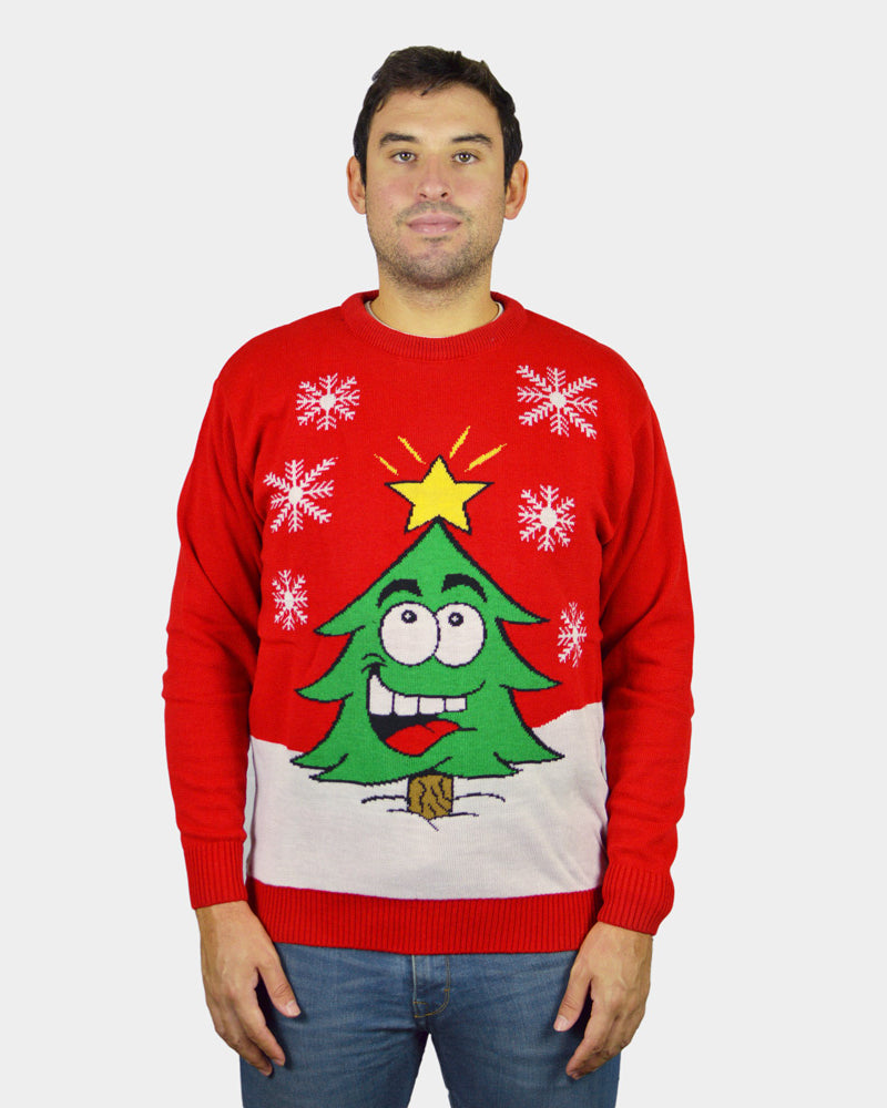 Red Family Christmas Jumper with Smiling Tree Mens