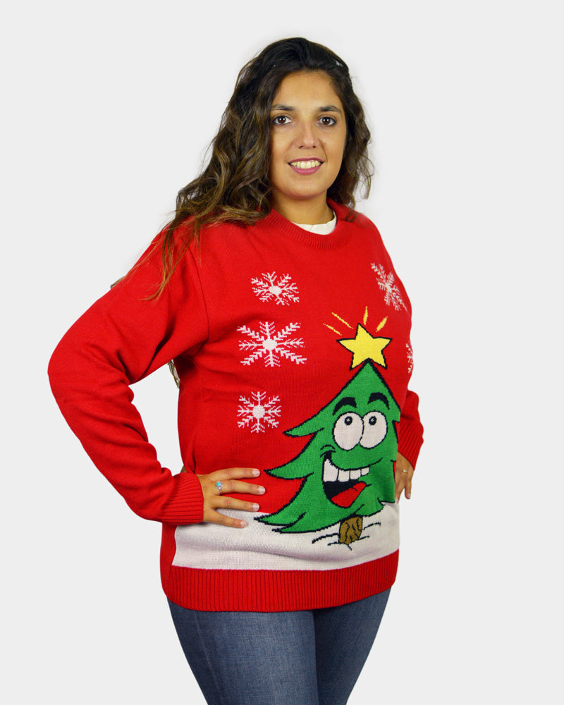 Red Family Christmas Jumper with Smiling Tree Womens
