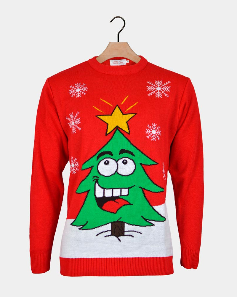 Red Family Christmas Jumper with Smiling Tree