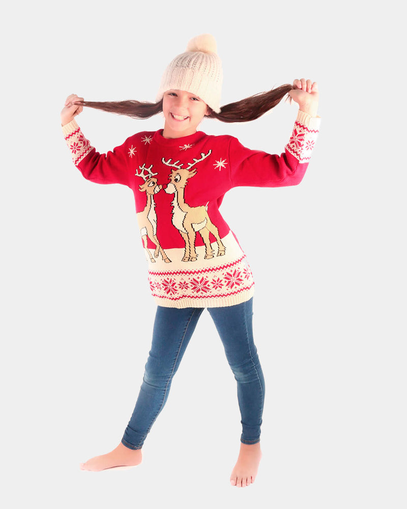 Red Girl Christmas Jumper with Baby Reindeers