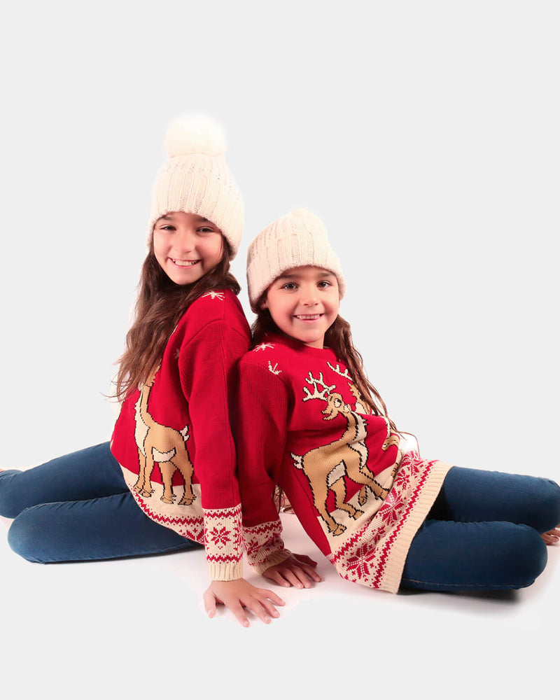 Red Girls Christmas Jumper with Baby Reindeers