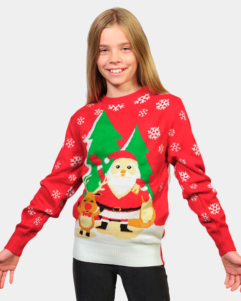 Red Girls Christmas Jumper with Santa and Reindeer Greeting