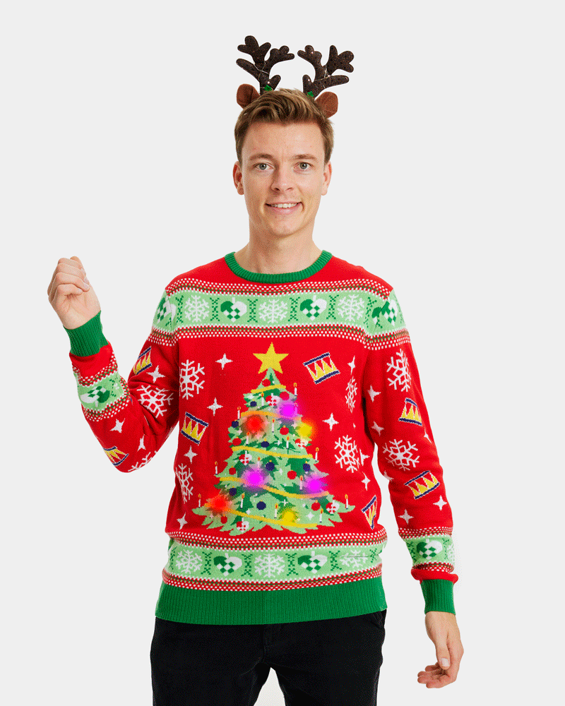 Red LED light-up Family Christmas Jumper with Christmas Tree Mens