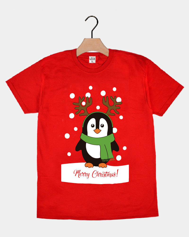 Red Mens and Womens Christmas T-Shirt with Penguin