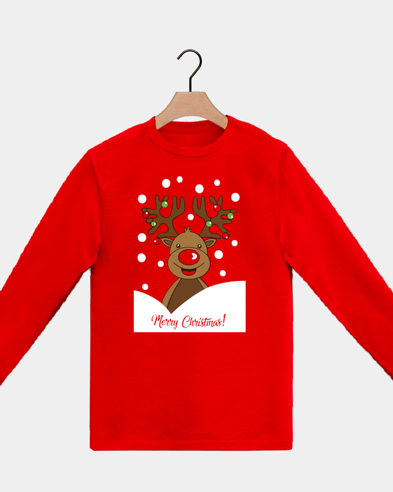 Red long sleeve Mens and Womens Christmas T-Shirt with Rudolph Reindeer