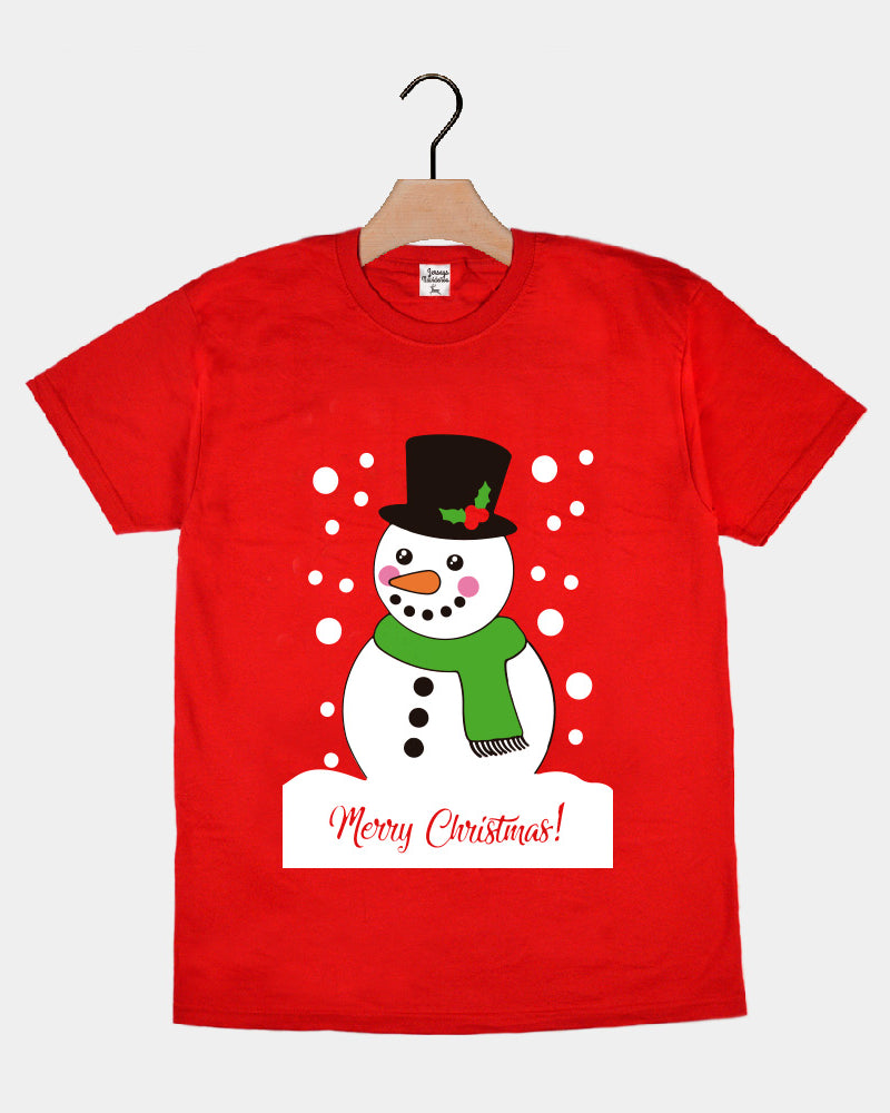 Red Mens and Womens Christmas T-Shirt with Snowman