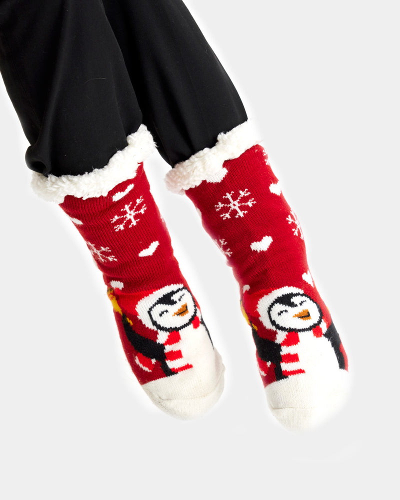 Red Rubber Sole Christmas Socks with Penguin Womens and Mens