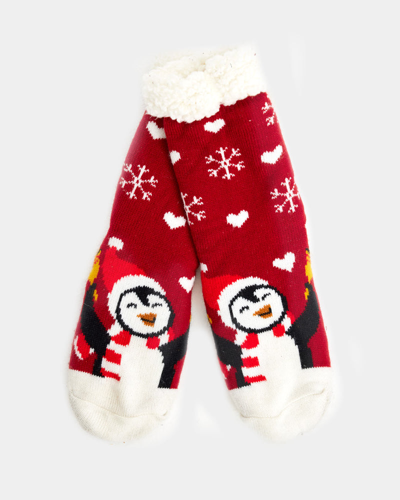 Red Rubber Sole Christmas Socks with Penguin