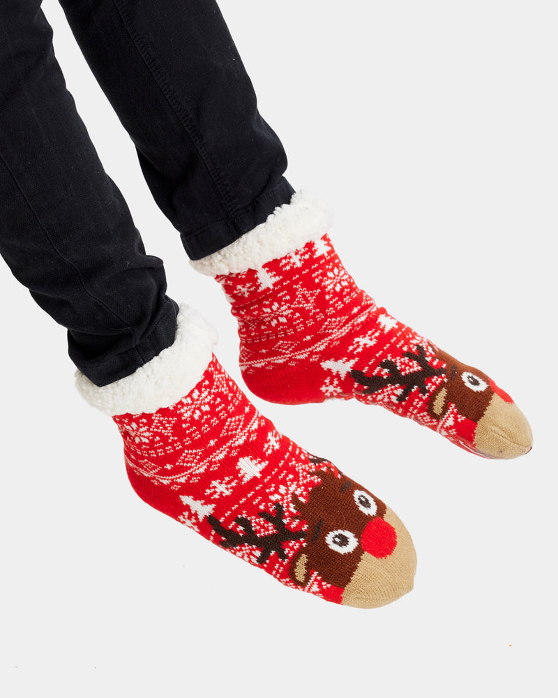 Red Rubber Sole Christmas Socks Trees and Reindeer Womens and Mens