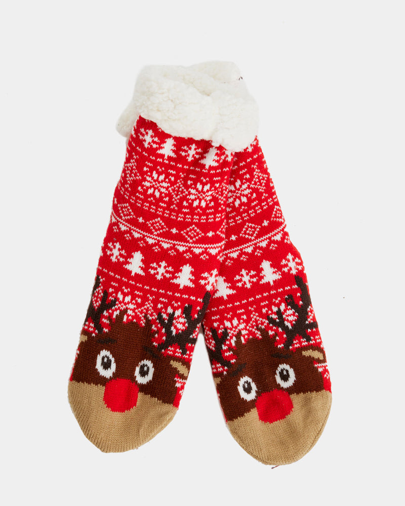 Red Rubber Sole Christmas Socks Trees and Reindeer