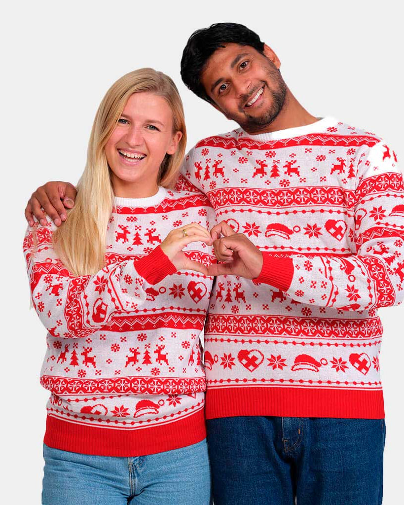 Red and White Strips Christmas Jumper Couple