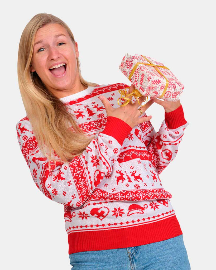 Womens Red and White Strips Christmas Jumper
