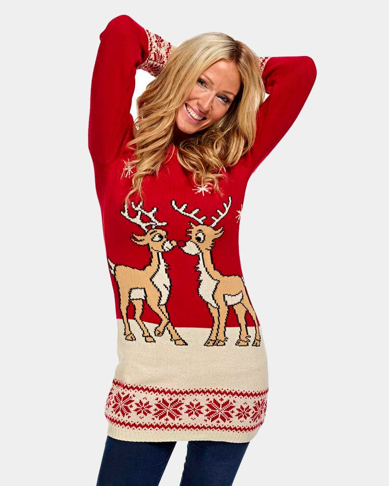 Red Christmas Womens Dress with Baby Reindeers