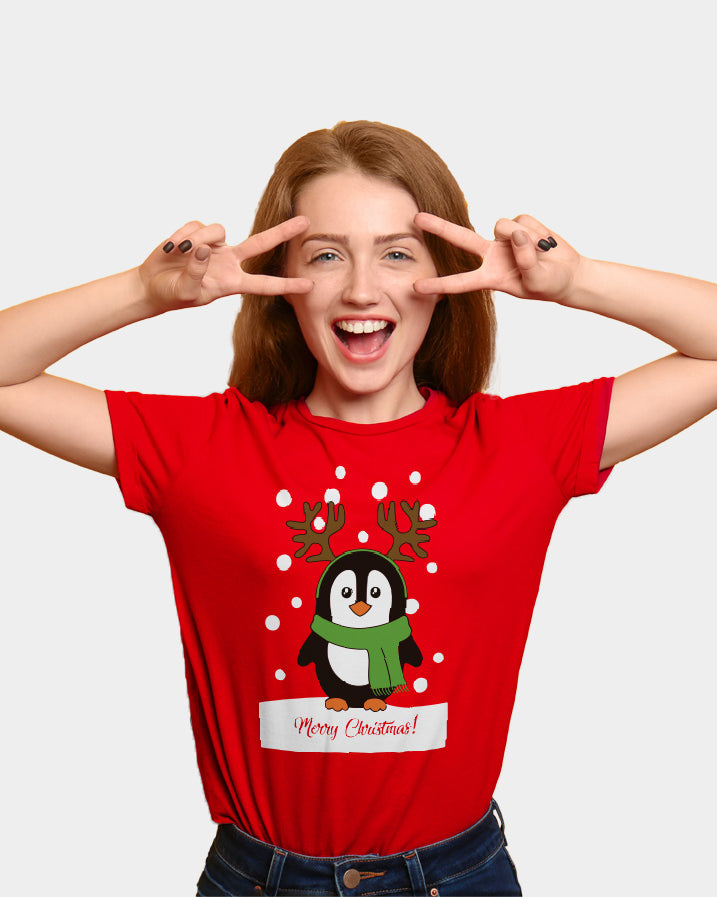 Red Womens Christmas T-Shirt with Penguin