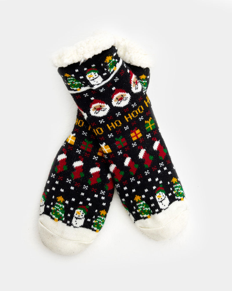 Rubber Sole Christmas Socks with Santa, Gifts and Snowmens