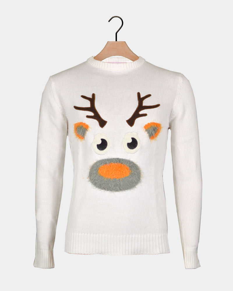White 3D Boys and Girls Christmas Jumper with Hairy Reindeer