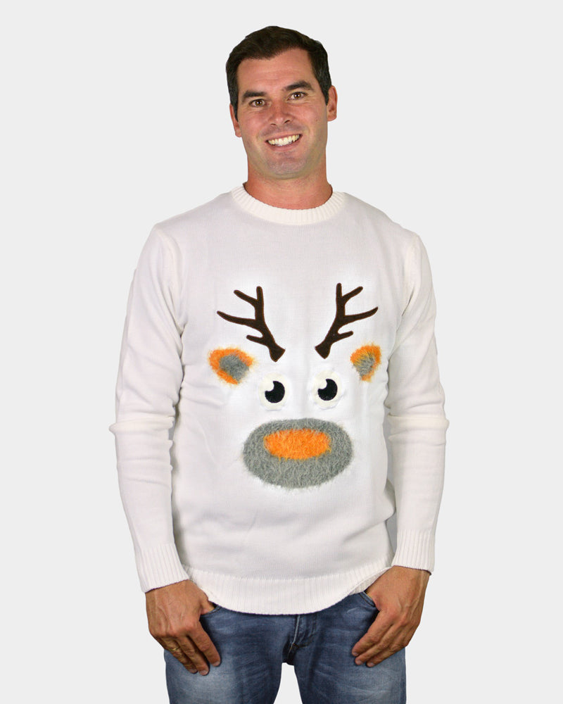 White 3D Family Christmas Jumper with Hairy Reindeer Mens