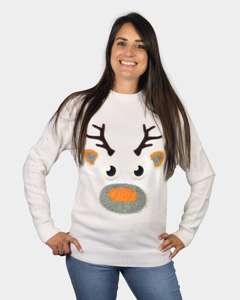 White 3D Family Christmas Jumper with Hairy Reindeer Womens
