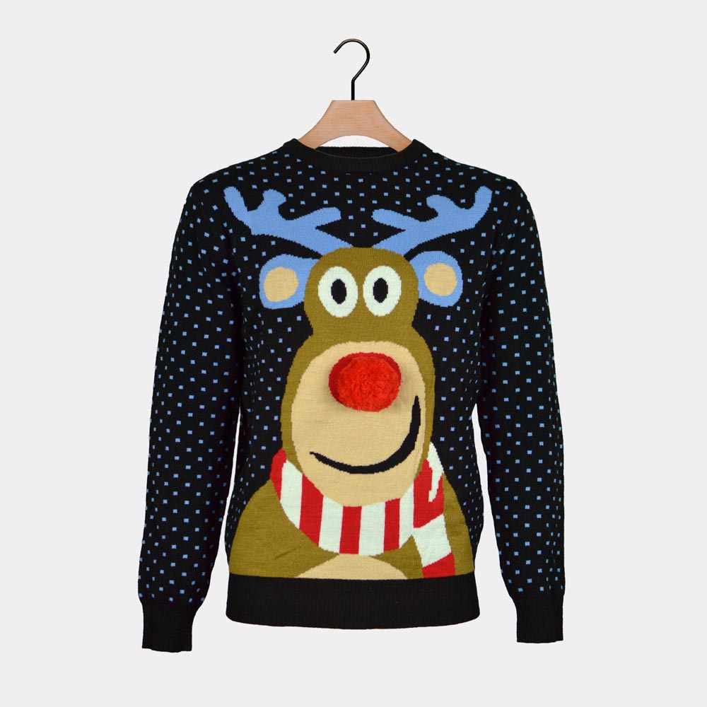 3D Family Christmas Jumper Reindeer Blue Red Nosed
